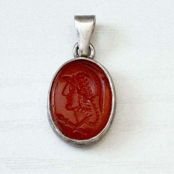 Greek Soldier Pendant Hand Carved Red Agate Sterling Silver 925 - Picture 2 of 10